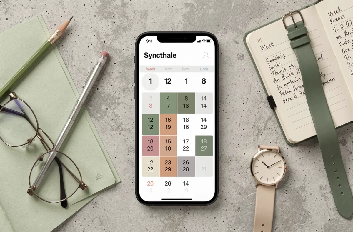 Vue de dessus d'un bureau minimaliste avec smartphone affichant un calendrier synchronisé avec numéros de semaines paires et impaires