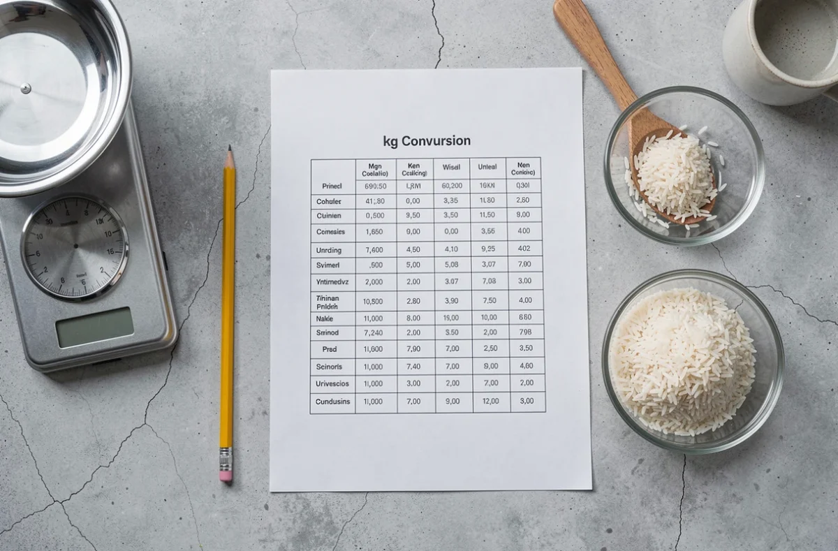 Vue aérienne d'un tableau de conversion kg imprimé posé sur béton à côté d'une balance de cuisine mécanique, d'un crayon et d'une cuillère en bois avec du riz
