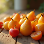 Fruits en marzipan frais sur une table en bois