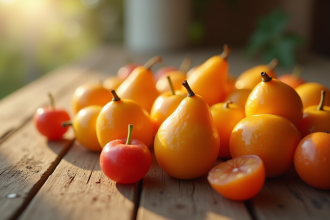 Fruits en marzipan frais sur une table en bois