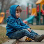 Jeune garçon pensif assis seul dans un parc public