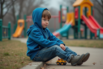 Jeune garçon pensif assis seul dans un parc public