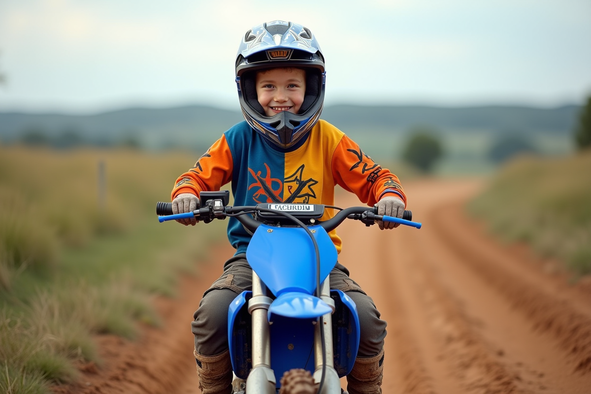 Garçon souriant en motocross sur une piste naturelle