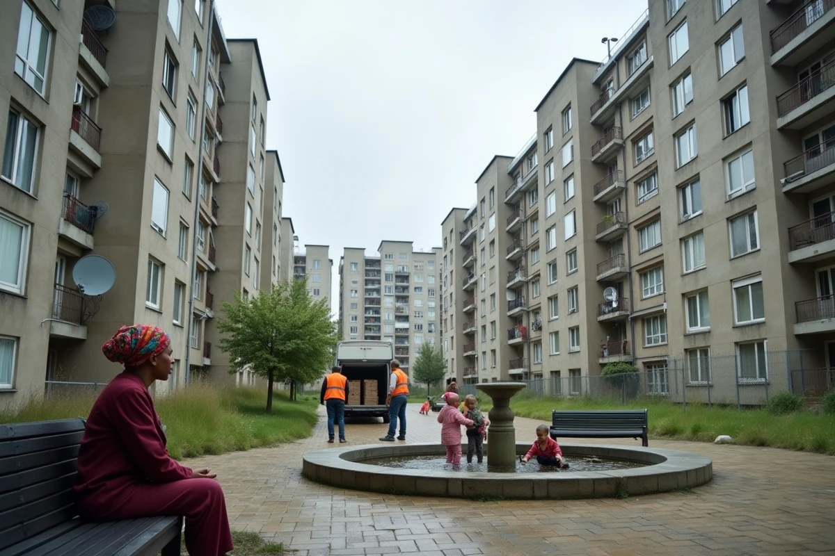 Cité de Garges-lès-Gonesse avec ses immeubles de béton couverts de paraboles et ses habitants dans l'espace commun de la résidence