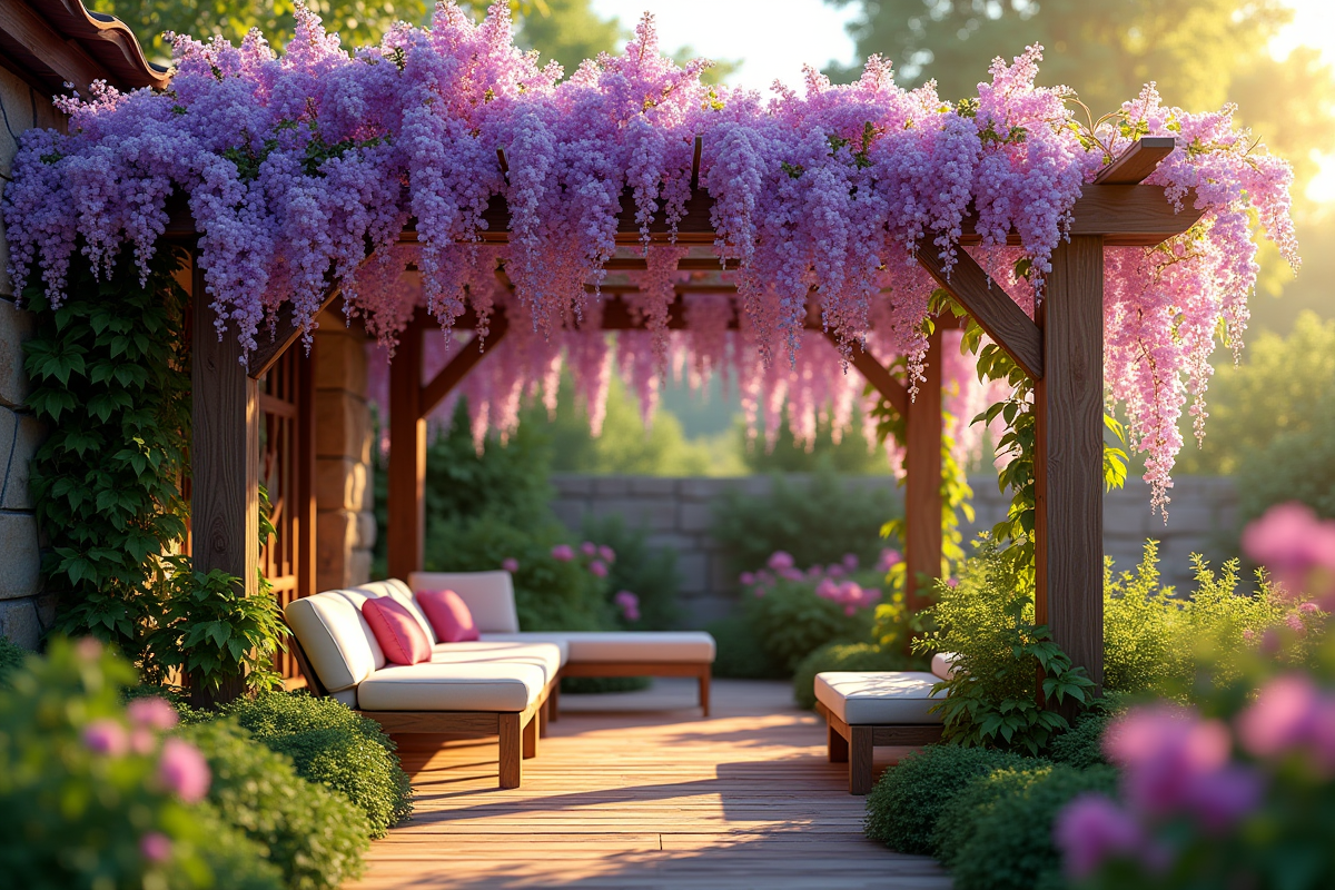 Vigne de glycine en fleurs sur une pergola dans un jardin ensoleille