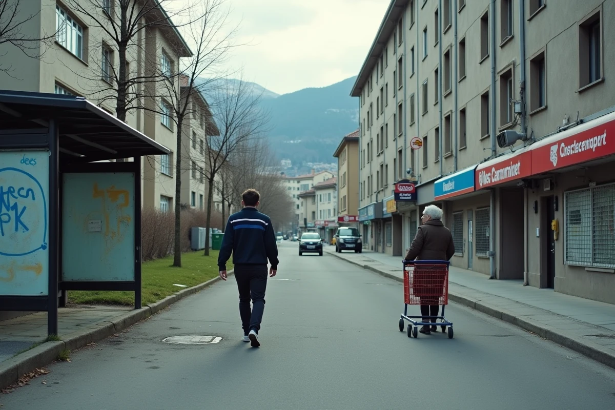 Rue résidentielle de Grenoble avec les Alpes en arrière-plan et des immeubles des années 70 caractéristiques de la ville