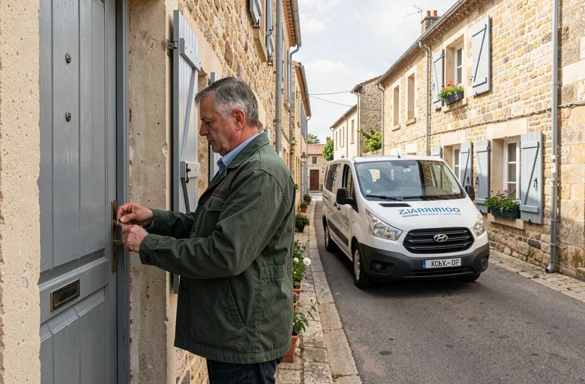 Grenot Christophe, serrurier indépendant, changeant une serrure devant une maison dans un village charentais avec son véhicule de service