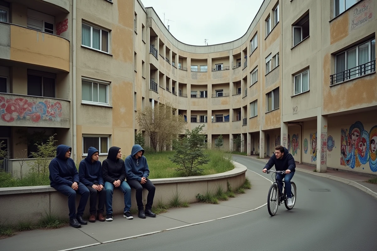 La Grande Borne à Grigny avec son architecture brutaliste courbée aux mosaïques défraîchies et ses jeunes résidents au quotidien