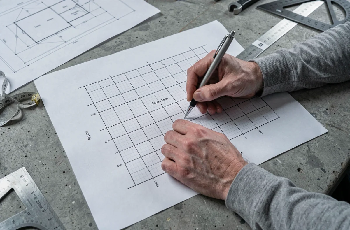 Mains d'adulte traçant une grille de centimètres carrés sur papier quadrillé avec une règle métallique pour illustrer les unités d'aire