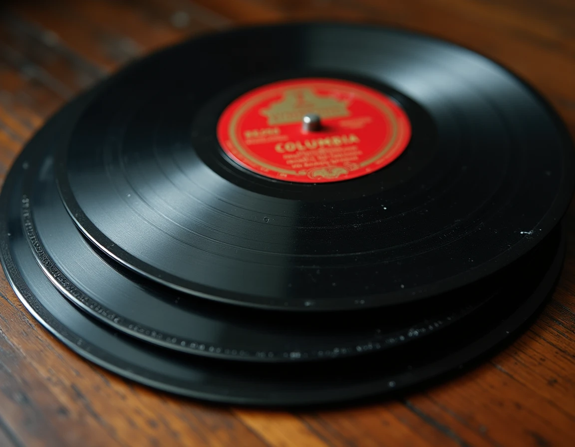 Gros plan sur des étiquettes de pressages 78 tours vintage Columbia Parlophone et Odeon empilés sur une table en chêne
