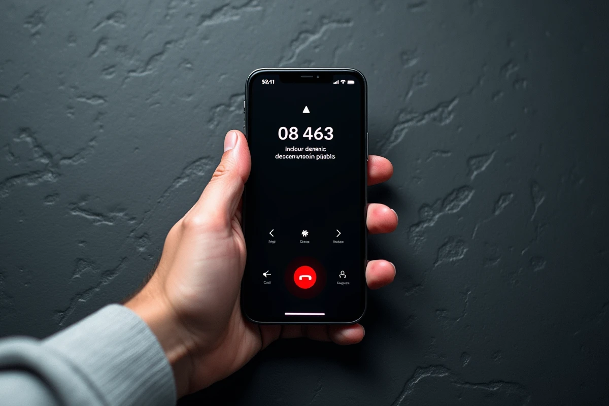 Gros plan d'un smartphone affichant un numéro de téléphone inconnu suspect, arnaque téléphonique en France