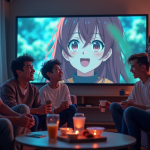 Jeunes adultes regardant anime dans un salon convivial