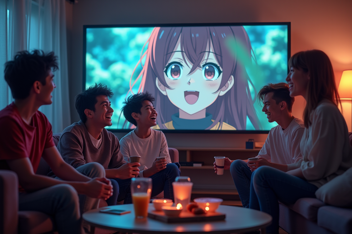 Jeunes adultes regardant anime dans un salon convivial
