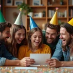 Groupe d'amis riant lors d'un anniversaire convivial