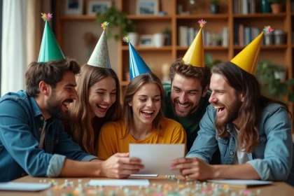 Groupe d'amis riant lors d'un anniversaire convivial