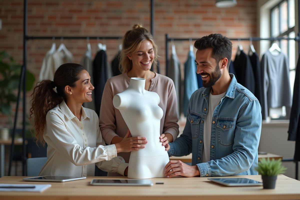 Groupe de jeunes créant un vetement en 3D dans un espace moderne
