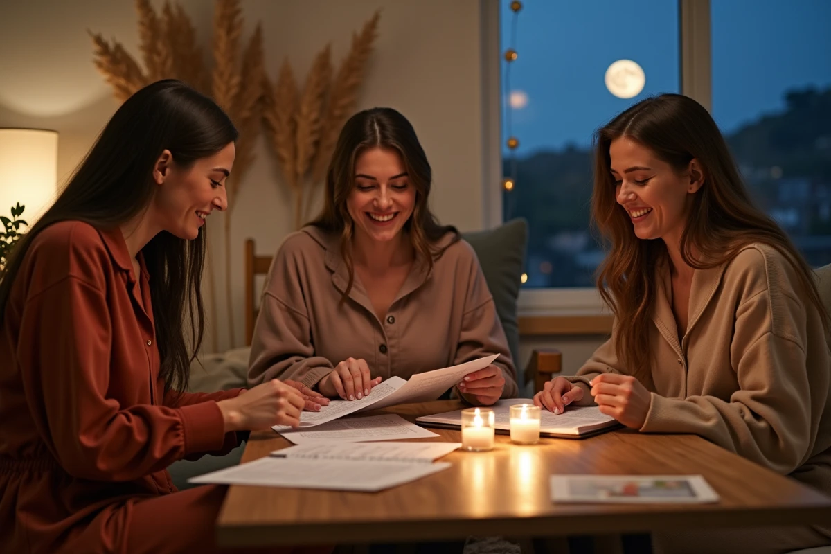 Groupe de femmes planifiant leurs projets ensemble lors d'une soirée pleine lune de novembre en intérieur cosy