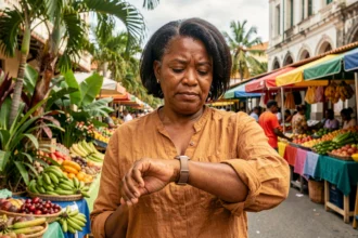 Femme guyanaise regardant l'heure sur sa montre dans un marché de Cayenne en Guyane française