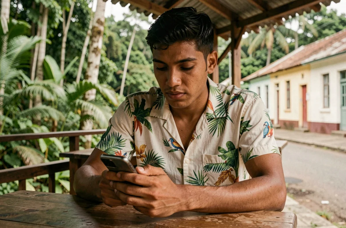 Homme consultant l'heure sur son téléphone dans un café en Guyane française près de Kourou