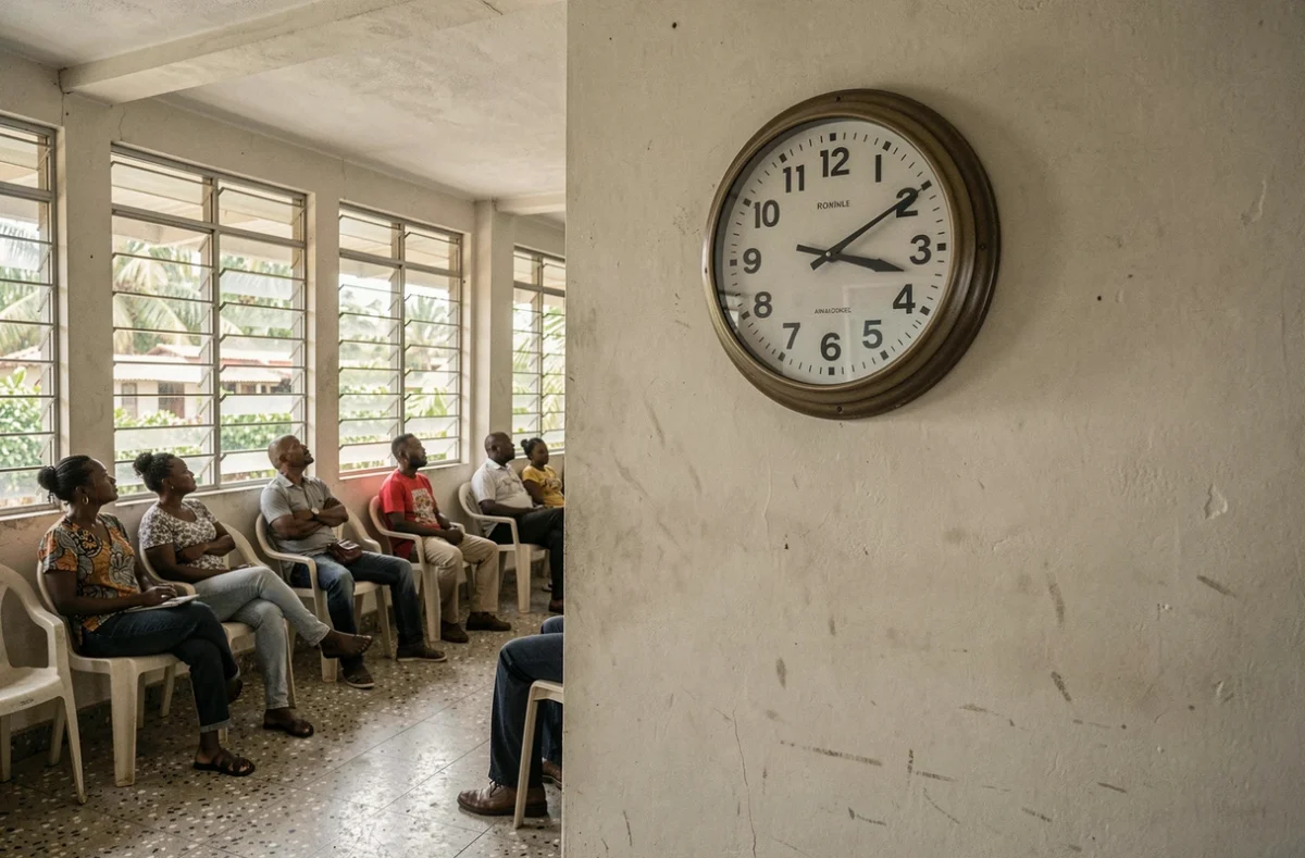 Horloge murale analogique dans un bâtiment administratif de Saint-Laurent-du-Maroni en Guyane française indiquant l'heure locale