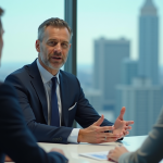 Homme d'affaires en costume bleu lors d'une réunion en ville