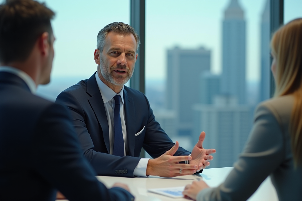 Homme d'affaires en costume bleu lors d'une réunion en ville