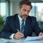 Homme d'affaires en costume bleu dans un bureau moderne