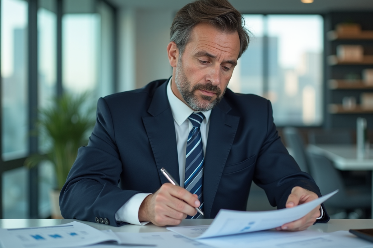 Homme d'affaires en costume bleu dans un bureau moderne