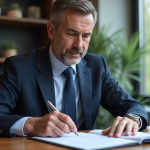 Homme d'affaires en costume navy examine un portefeuille
