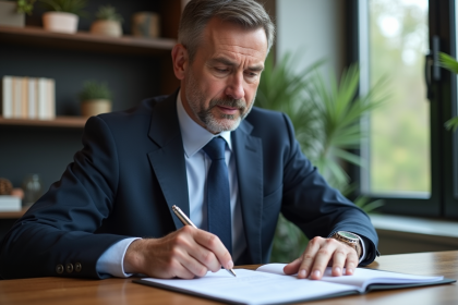 Homme d'affaires en costume navy examine un portefeuille