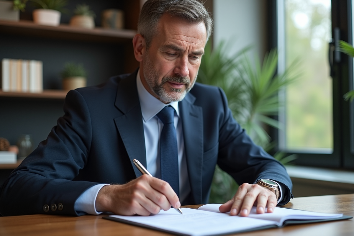 Homme d'affaires en costume navy examine un portefeuille