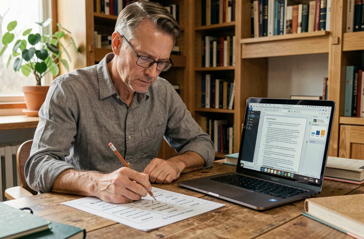 Homme assis à un bureau en bois annotant un tableau de conversion kilogrammes imprimé avec un ordinateur portable affichant un PDF ouvert