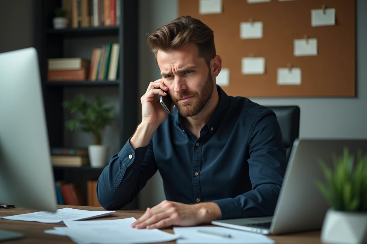 Homme au bureau à domicile recevant un appel téléphonique douteux, enquête sur numéro arnaque