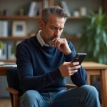 Homme en bureau moderne regardant son smartphone