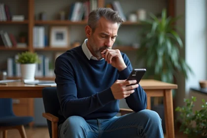 Homme en bureau moderne regardant son smartphone