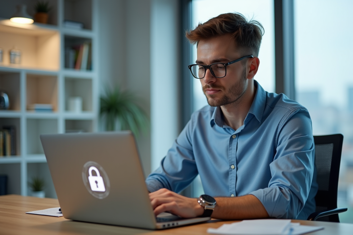Homme d'âge moyen travaillant sur un ordinateur en bureau professionnel