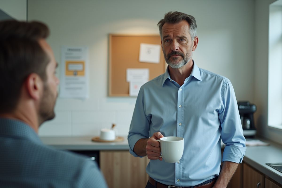 Homme d age avec tasse de cafe dans une cuisine d entreprise