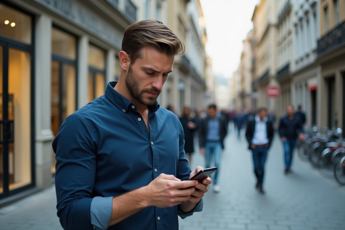 Homme debout dans une rue européenne choisissant un forfait mobile avantageux sur son téléphone