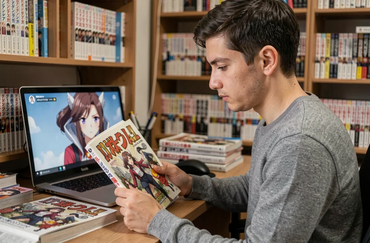 Jeune homme comparant un volume manga à un épisode anime sur ordinateur portable dans un bureau