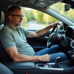 Homme d'âge moyen dans une voiture moderne en conduite