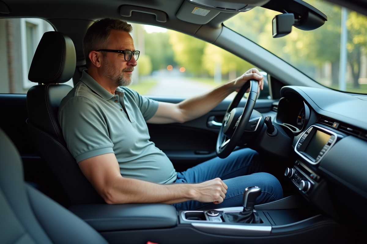 Homme d'âge moyen dans une voiture moderne en conduite