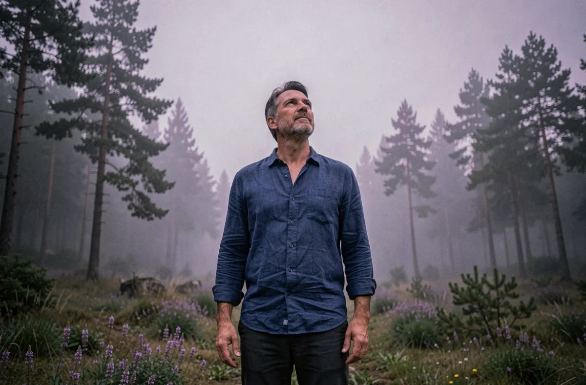 Homme contemplatif dans une clairière brumeuse aux tons violets évoquant l'aura spirituelle et le chakra couronne