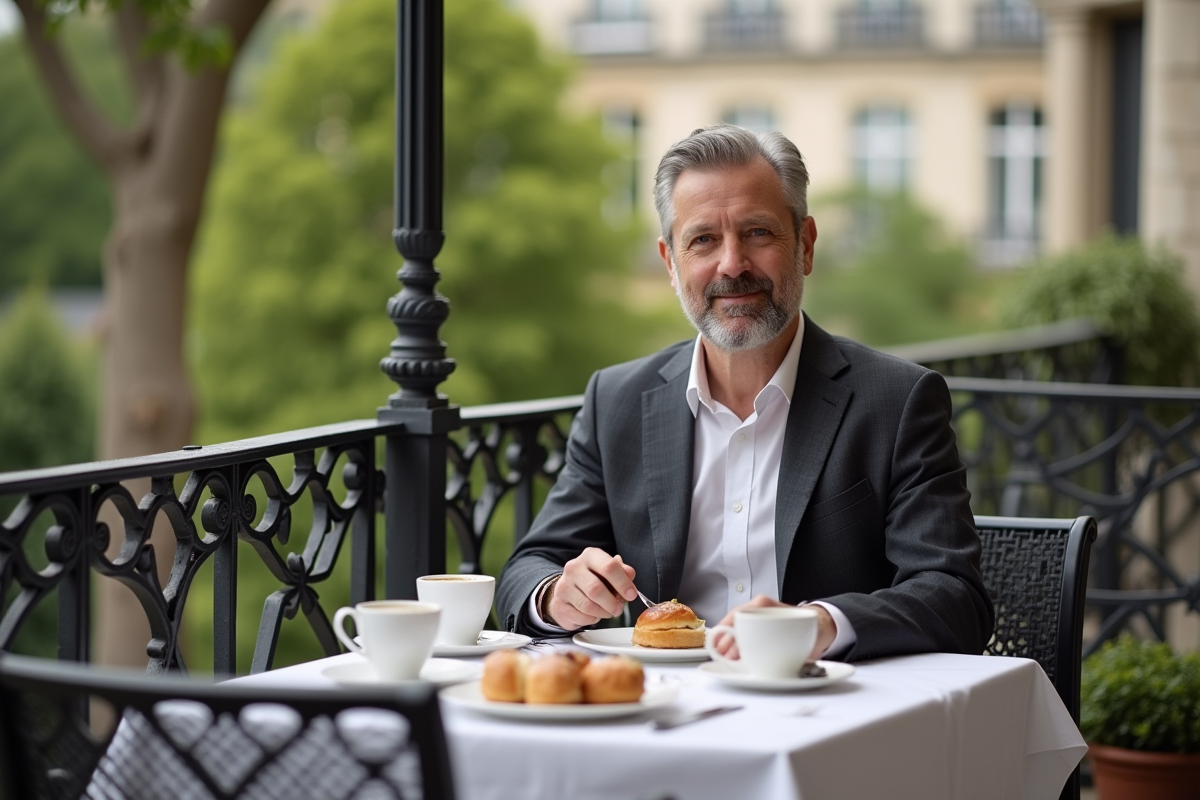 Homme en costume dégustant un petit déjeuner à Lille