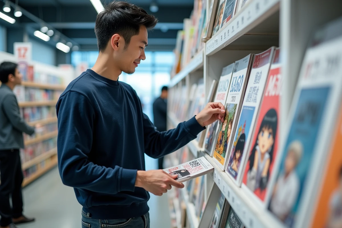 Homme feuilletant des mangas d'éditeur Epsilon dans un rayon de librairie moderne