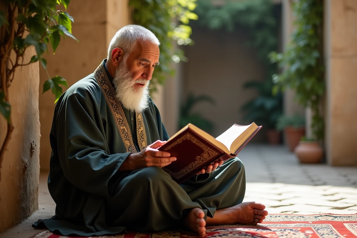 Homme âgé récitant le Quran dans un patio extérieur