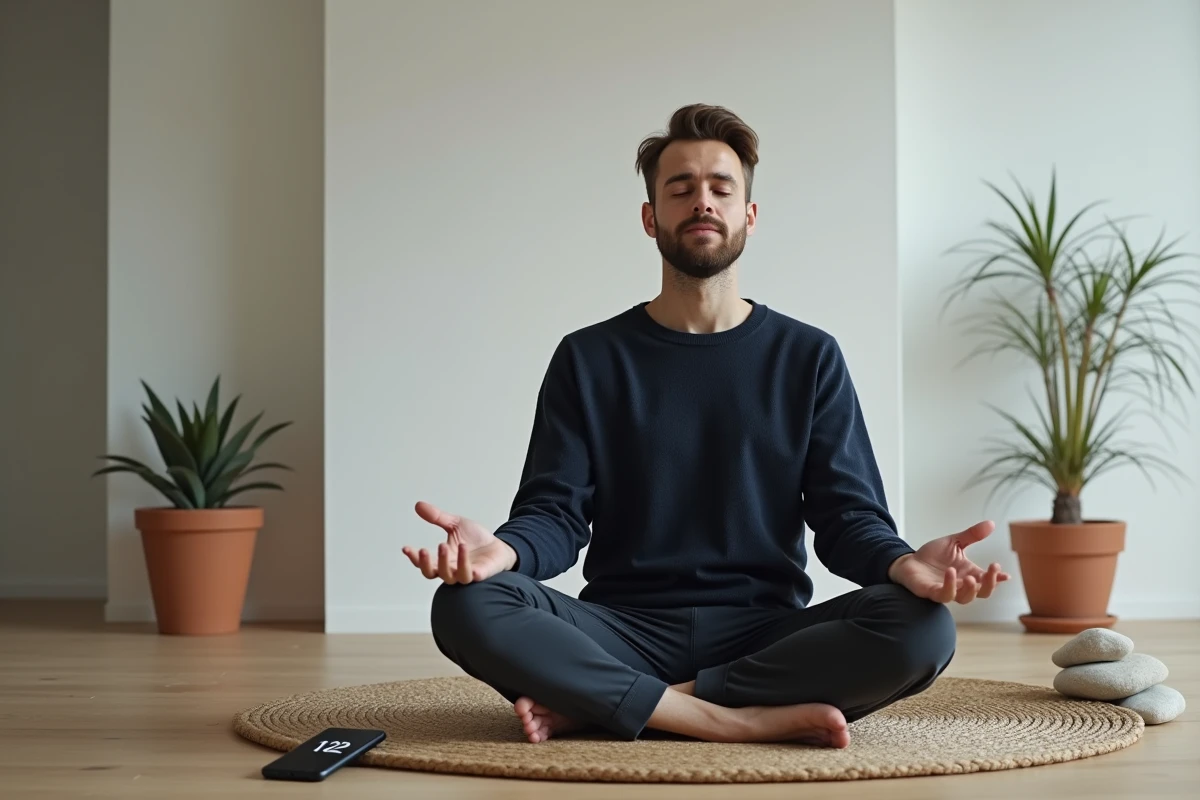 Homme en méditation devant un smartphone affichant 11h22, représentant la signification spirituelle de l'heure miroir dans un espace minimaliste