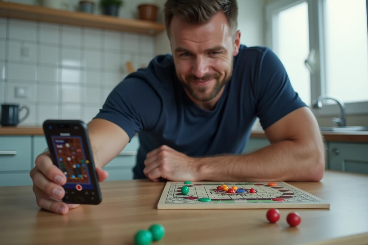 Homme consultant des liens de dés gratuits Monopoly GO sur son téléphone posé près d'un plateau de jeu de société