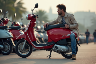 Homme inspectant une moto Dax 125cc en extérieur