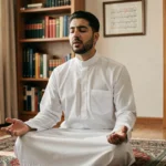 Homme musulman récitant la Sourate Kursi assis sur un tapis de prière dans un intérieur islamique traditionnel