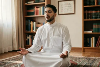 Homme musulman récitant la Sourate Kursi assis sur un tapis de prière dans un intérieur islamique traditionnel